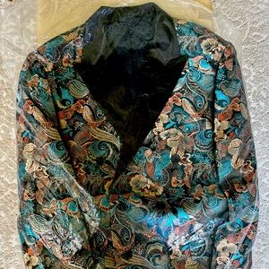 Floral Blue and Gold Tuxedo double breasted jacket; (Brand new, never worn)
